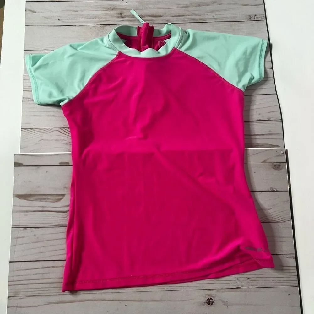 Eddie Bauer Pink Sea Blue Swim Shirt Rash Guard Top
